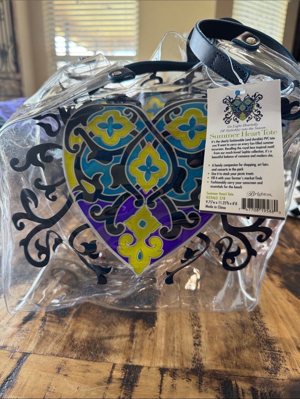 Brighton Clear Tote with Blue, Yellow, Purple Heart Motif